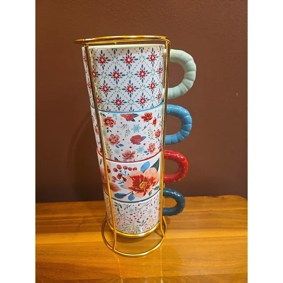 Pioneer Woman Merry Meadow 5-Piece 12.5oz Stoneware Stacking Mugs w/ Gold Rack - Picture 1 of 10